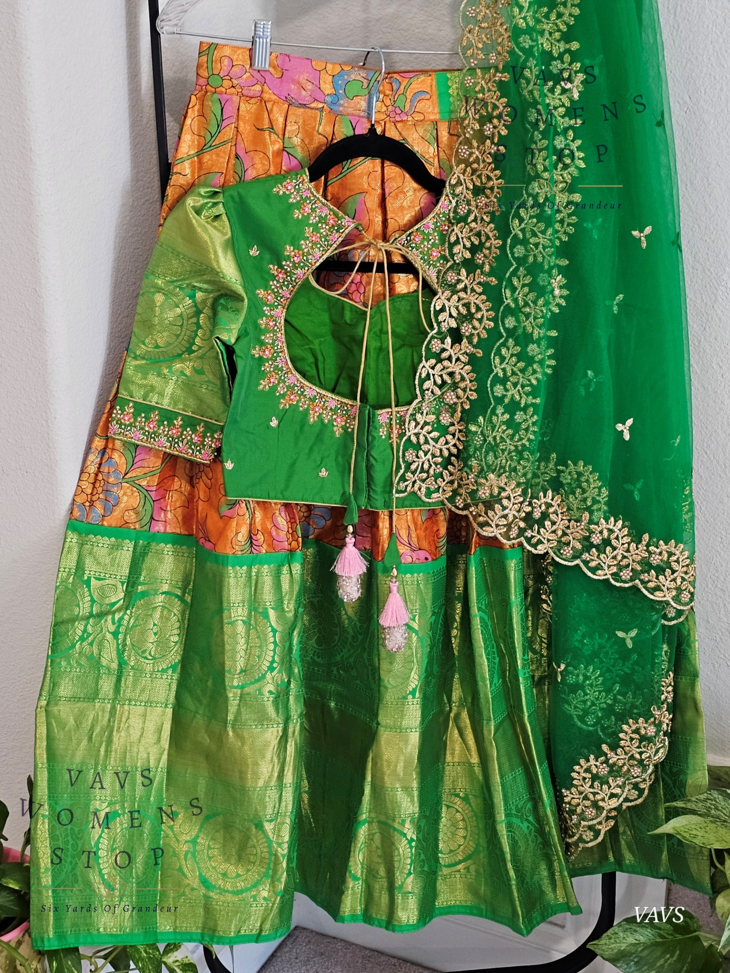 Orange Pure Kanchi Silk Kalamkari Print Traditional Half Saree Set with Green Border & Dupatta