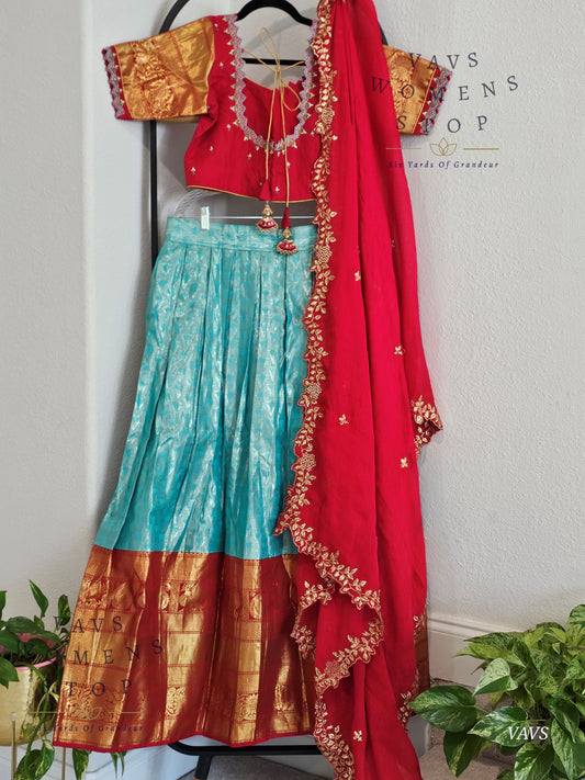 Pastel Blue Pure Kanchi Silk Lehenga Set with Red Border & Dupatta