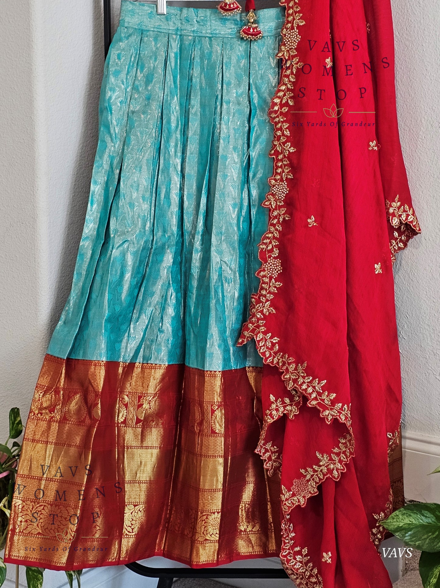 Pastel Blue Pure Kanchi Silk Lehenga Set with Red Border & Dupatta