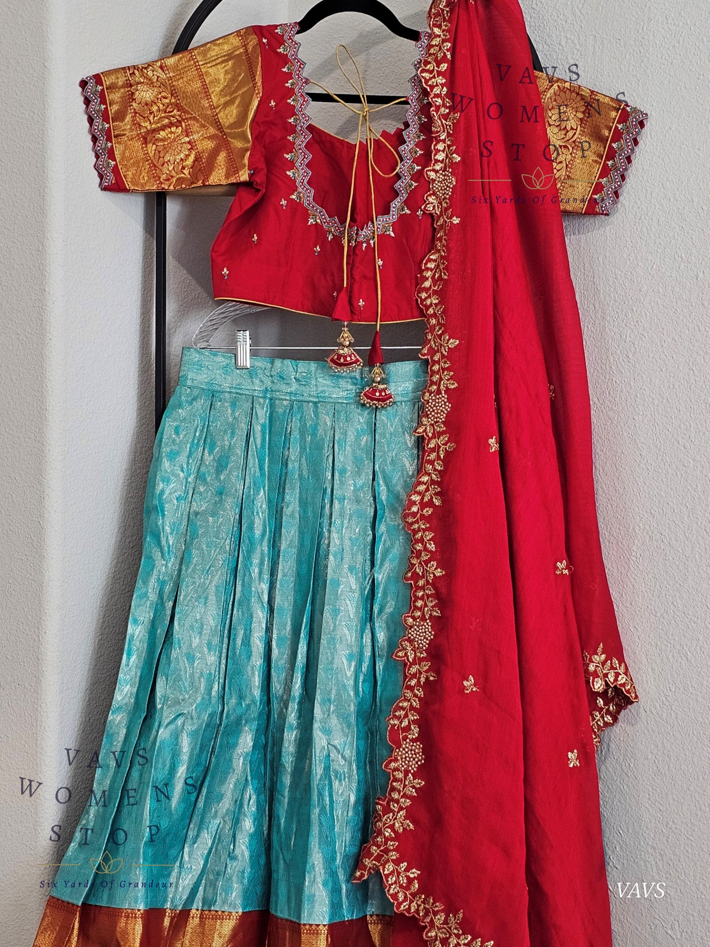 Pastel Blue Pure Kanchi Silk Lehenga Set with Red Border & Dupatta