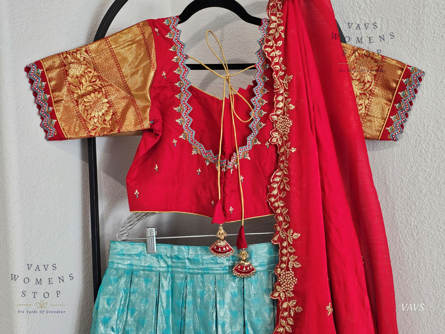 Pastel Blue Pure Kanchi Silk Lehenga Set with Red Border & Dupatta