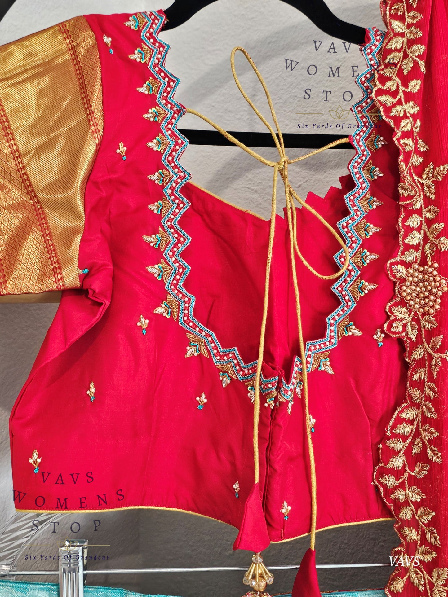 Pastel Blue Pure Kanchi Silk Lehenga Set with Red Border & Dupatta