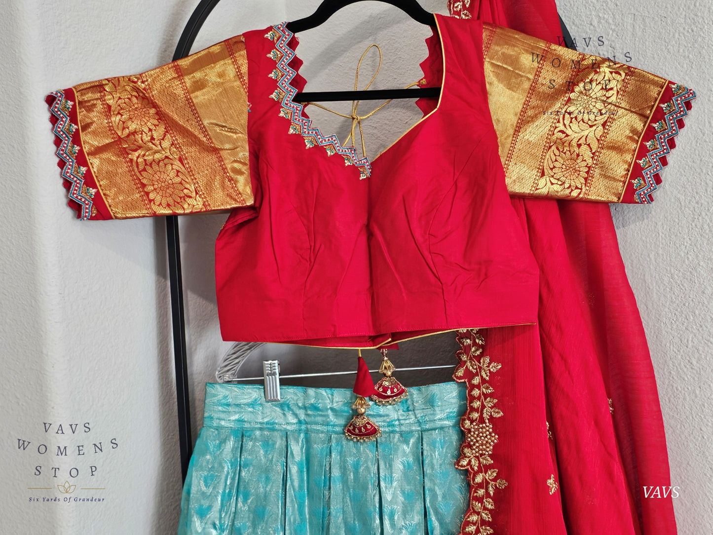 Pastel Blue Pure Kanchi Silk Lehenga Set with Red Border & Dupatta