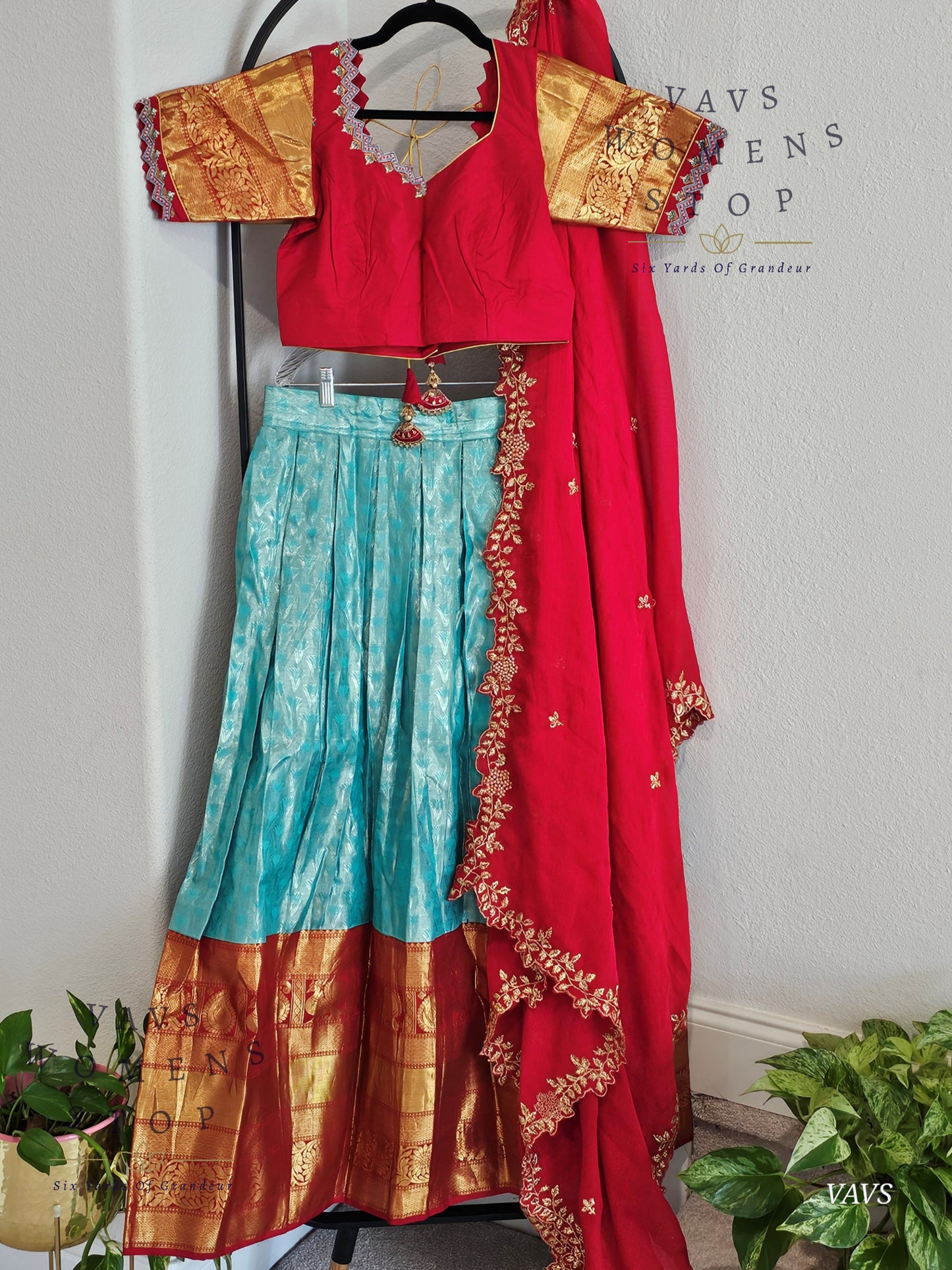 Pastel Blue Pure Kanchi Silk Lehenga Set with Red Border & Dupatta