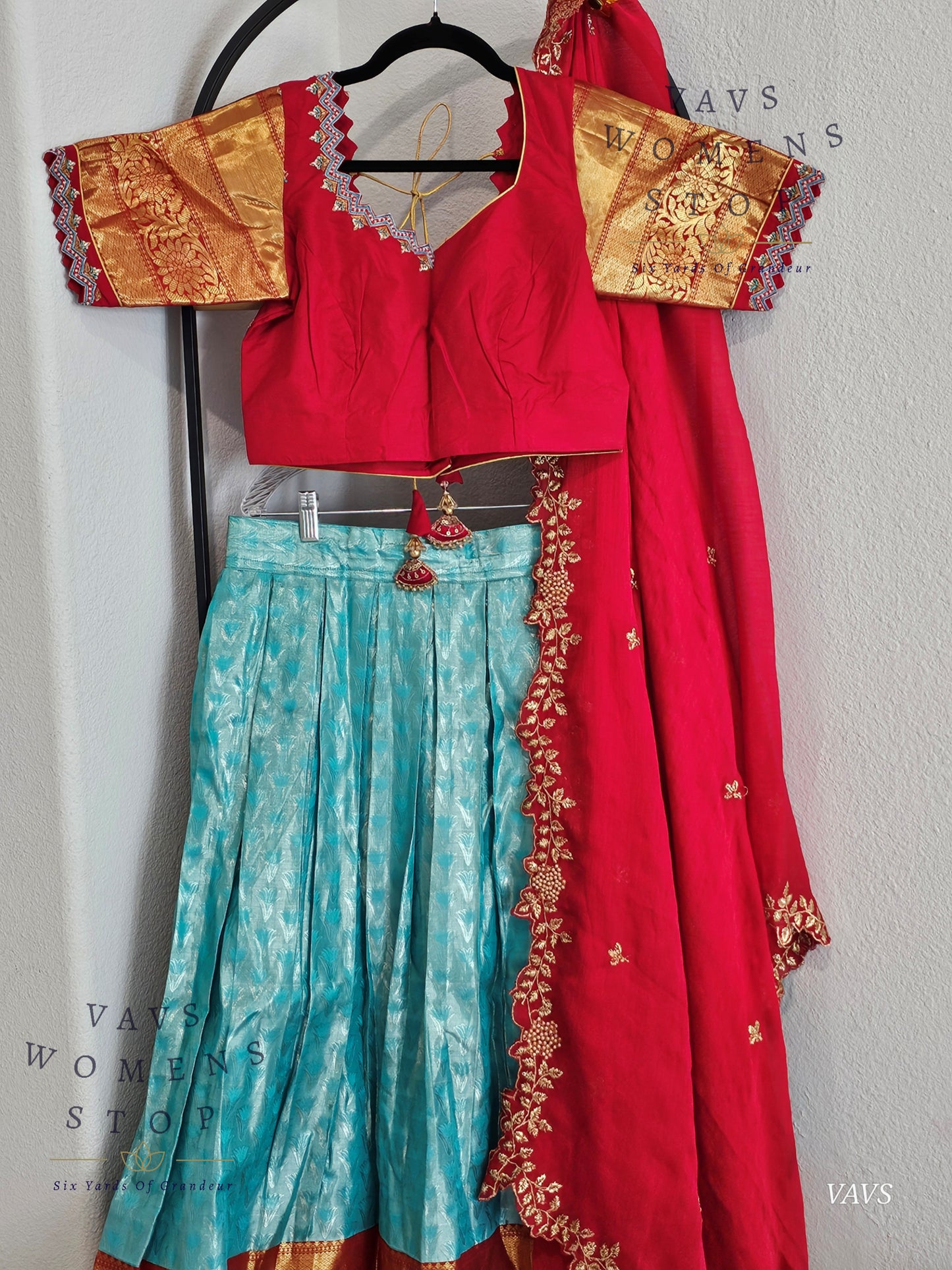 Pastel Blue Pure Kanchi Silk Lehenga Set with Red Border & Dupatta