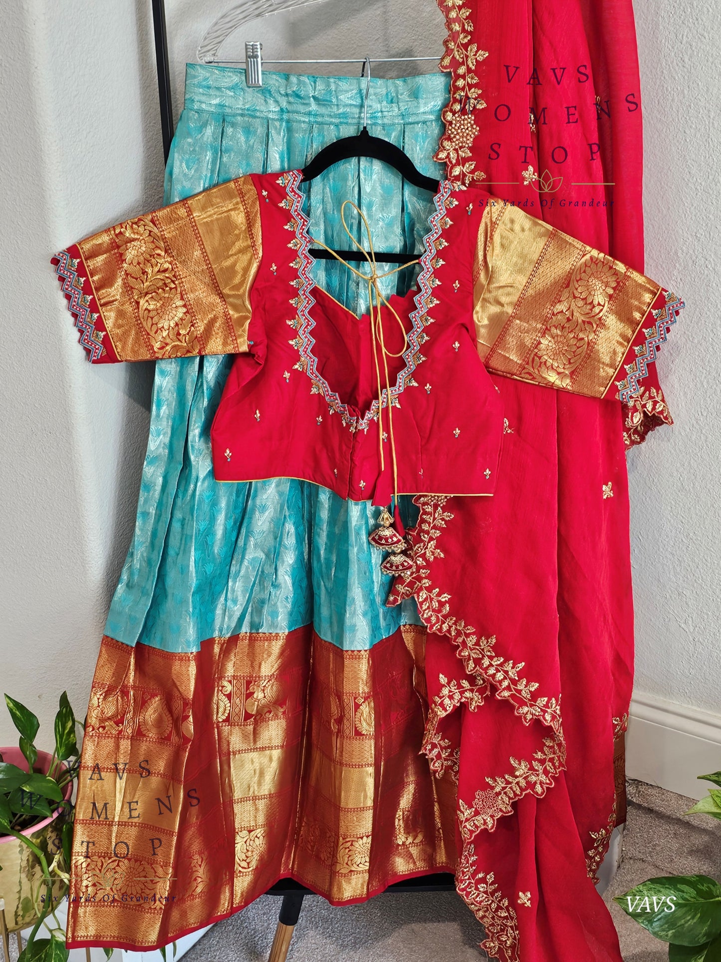 Pastel Blue Pure Kanchi Silk Lehenga Set with Red Border & Dupatta