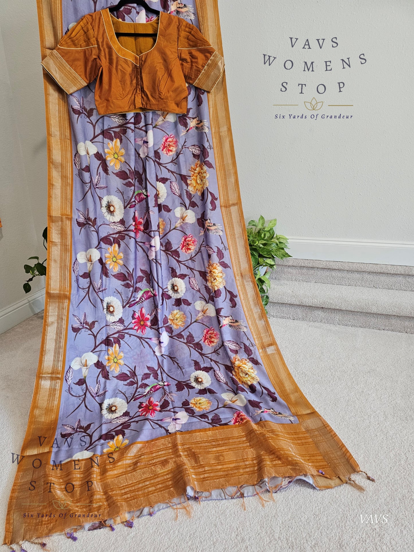 Floral Print Ruby Silk Saree in Lavender with Mustard Yellow Border & Matching Blouse