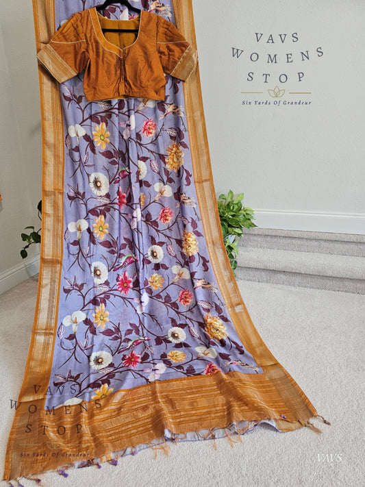 Floral Print Ruby Silk Saree in Lavender with Mustard Yellow Border & Matching Blouse