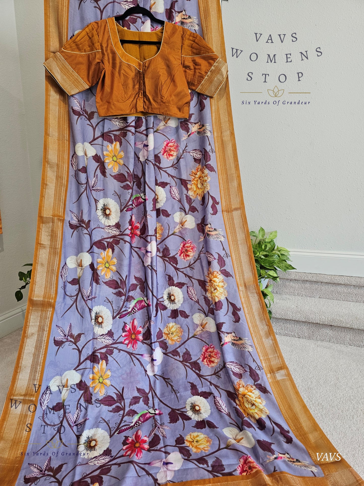 Floral Print Ruby Silk Saree in Lavender with Mustard Yellow Border & Matching Blouse
