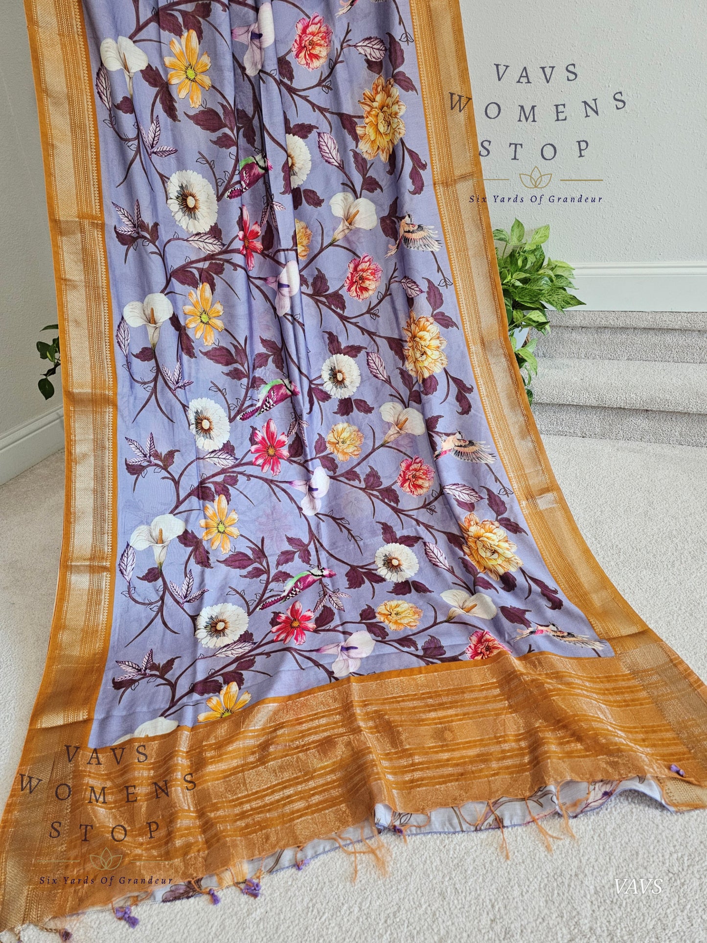 Floral Print Ruby Silk Saree in Lavender with Mustard Yellow Border & Matching Blouse