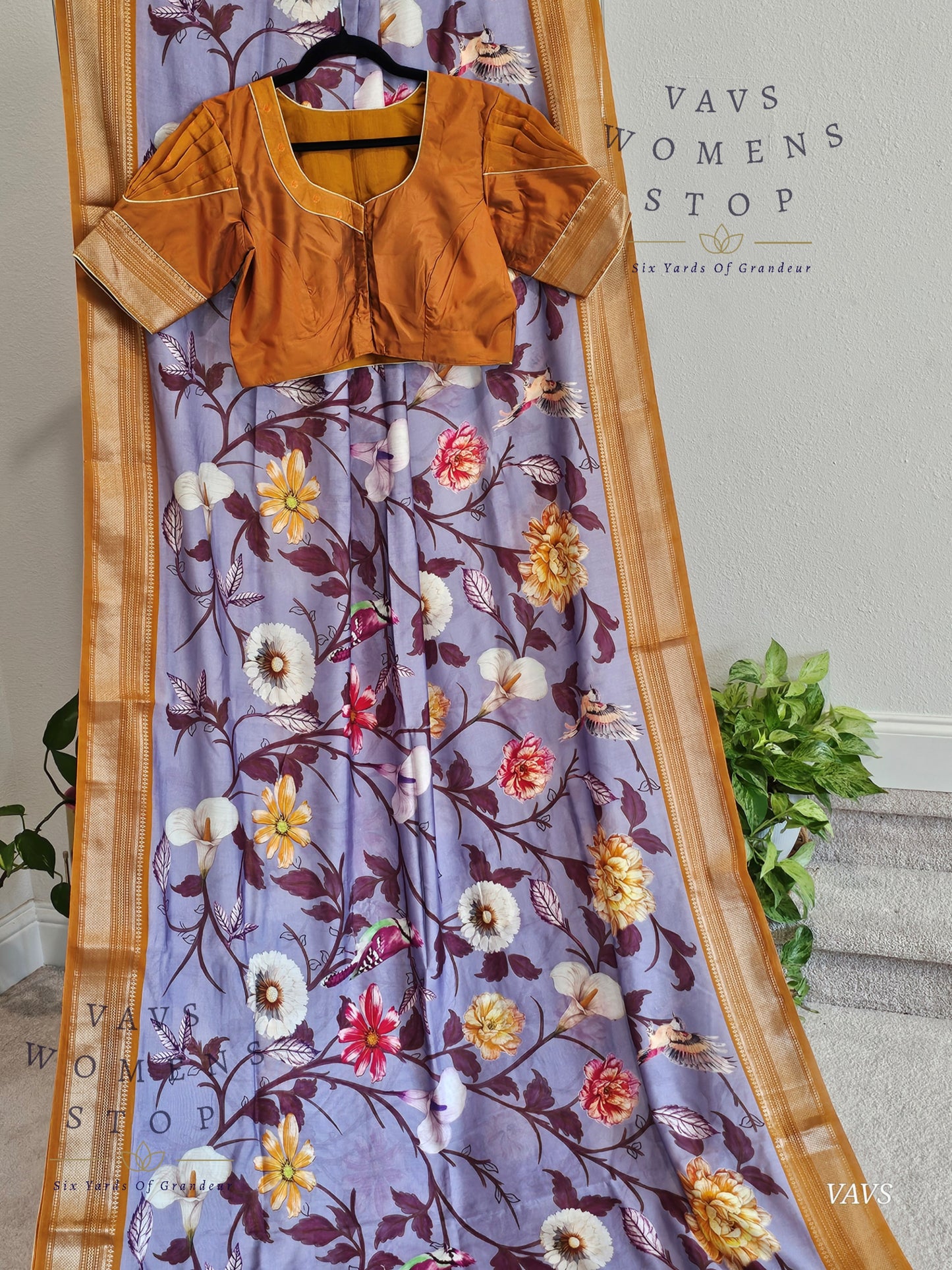 Floral Print Ruby Silk Saree in Lavender with Mustard Yellow Border & Matching Blouse