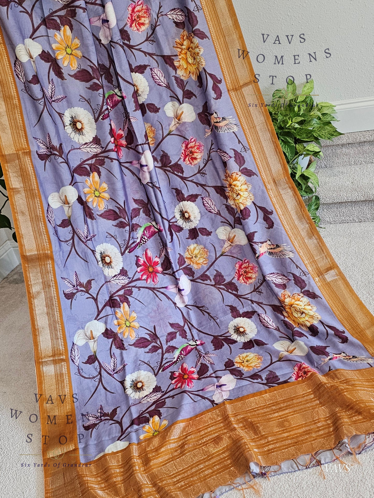 Floral Print Ruby Silk Saree in Lavender with Mustard Yellow Border & Matching Blouse