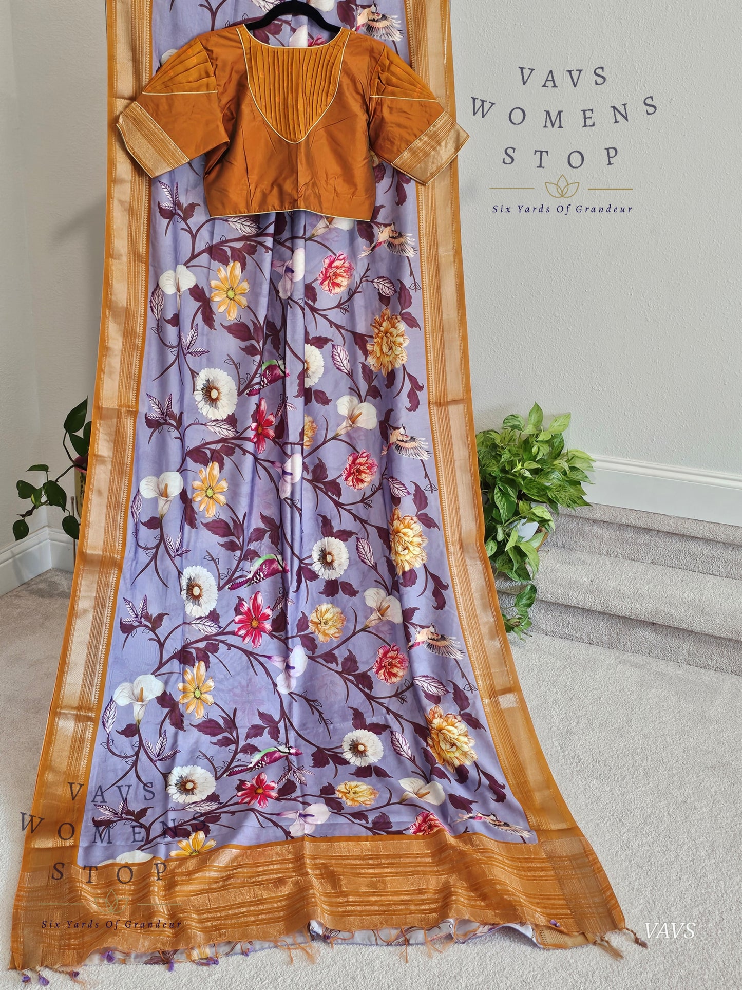 Floral Print Ruby Silk Saree in Lavender with Mustard Yellow Border & Matching Blouse