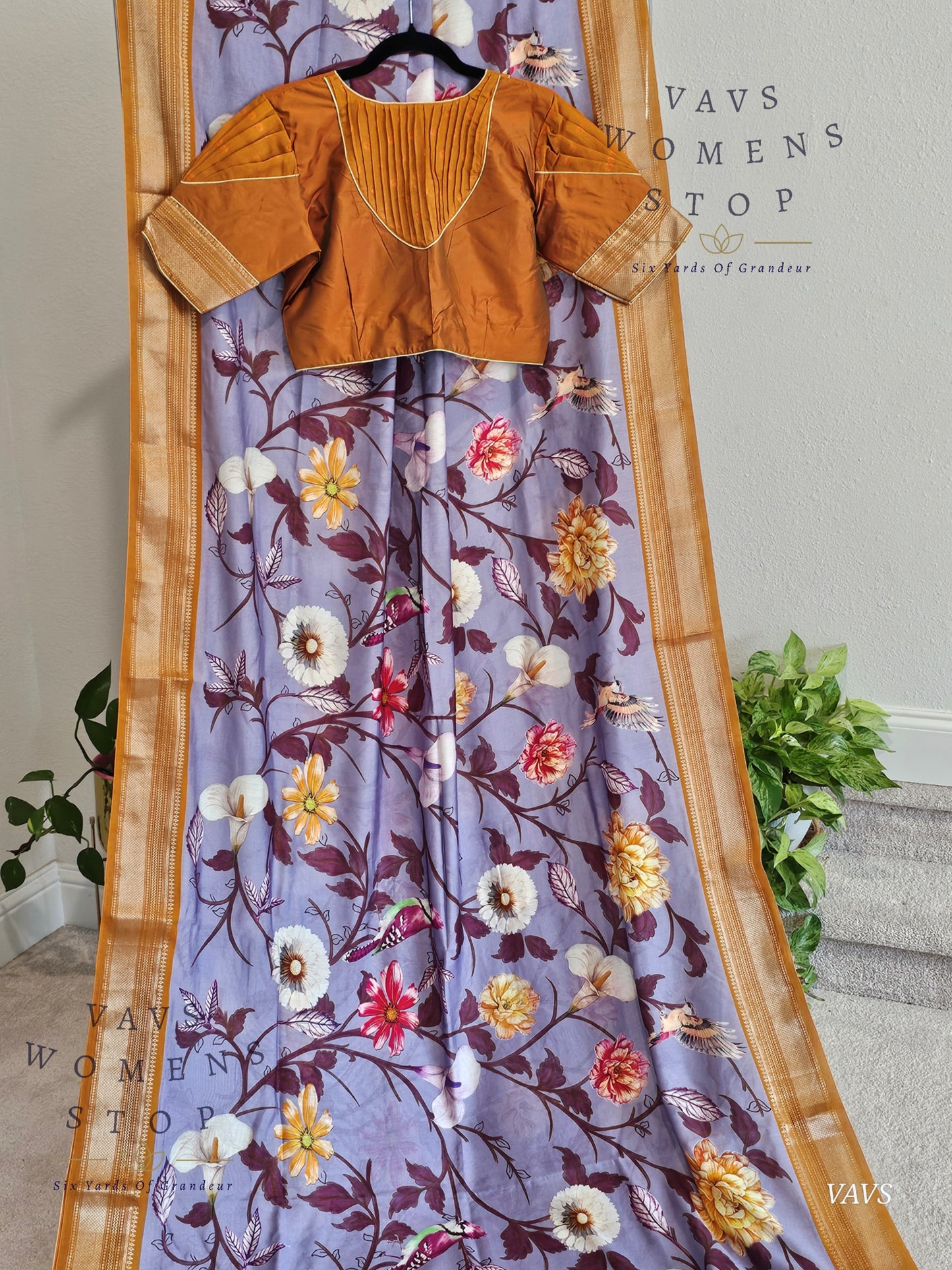 Floral Print Ruby Silk Saree in Lavender with Mustard Yellow Border & Matching Blouse