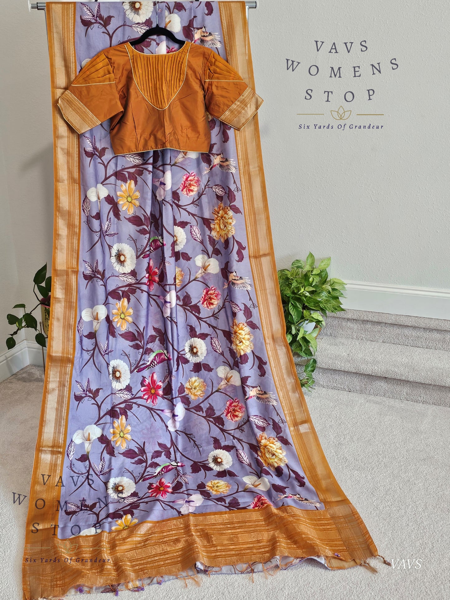 Floral Print Ruby Silk Saree in Lavender with Mustard Yellow Border & Matching Blouse