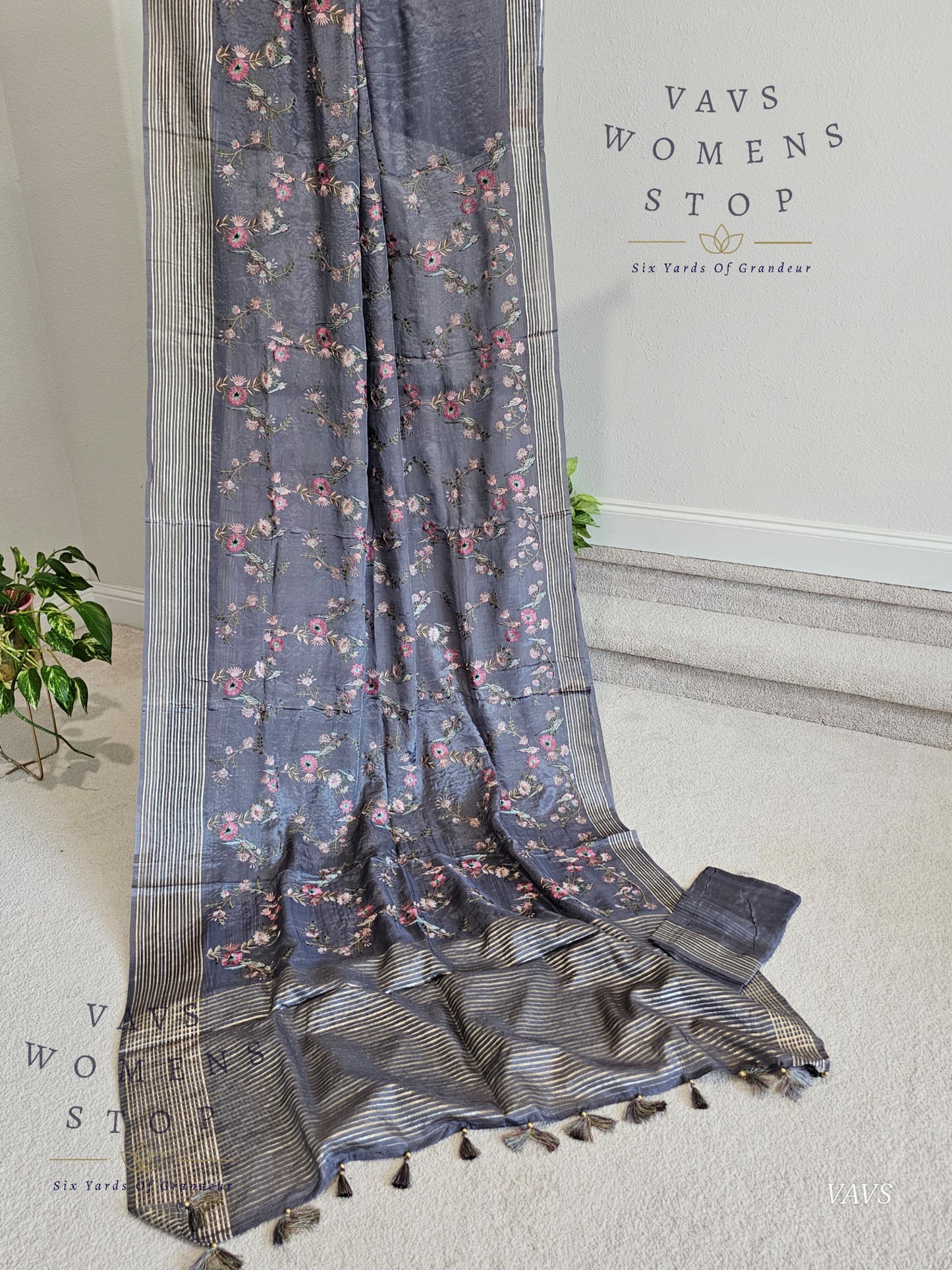 Gray Crepe Organza Party Wear Saree with Heavy Jaal Birds Embroidery