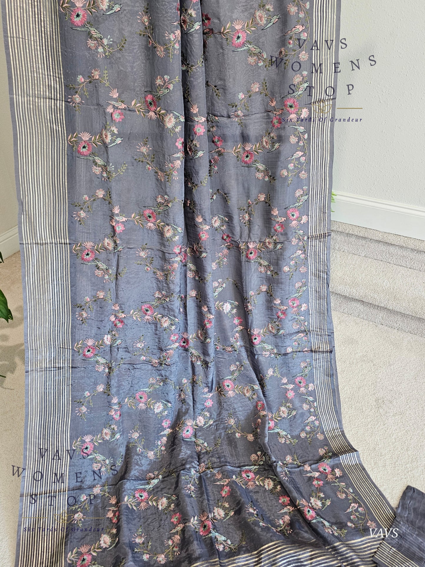 Gray Crepe Organza Party Wear Saree with Heavy Jaal Birds Embroidery