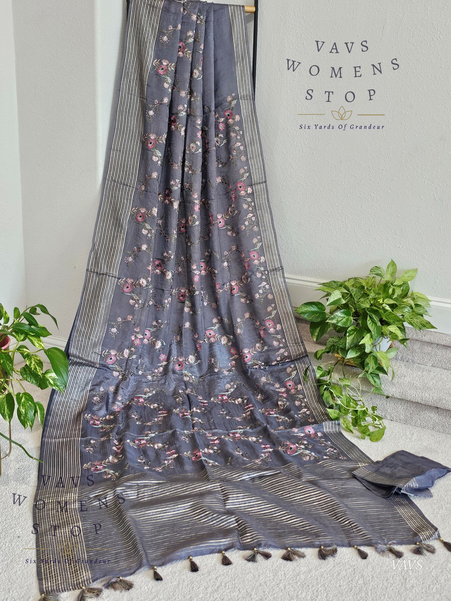 Gray Crepe Organza Saree with Heavy Jaal Birds Embroidery – USA 
