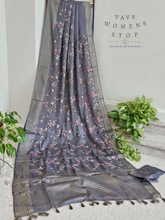Gray Crepe Organza Saree with Heavy Jaal Birds Embroidery – USA 