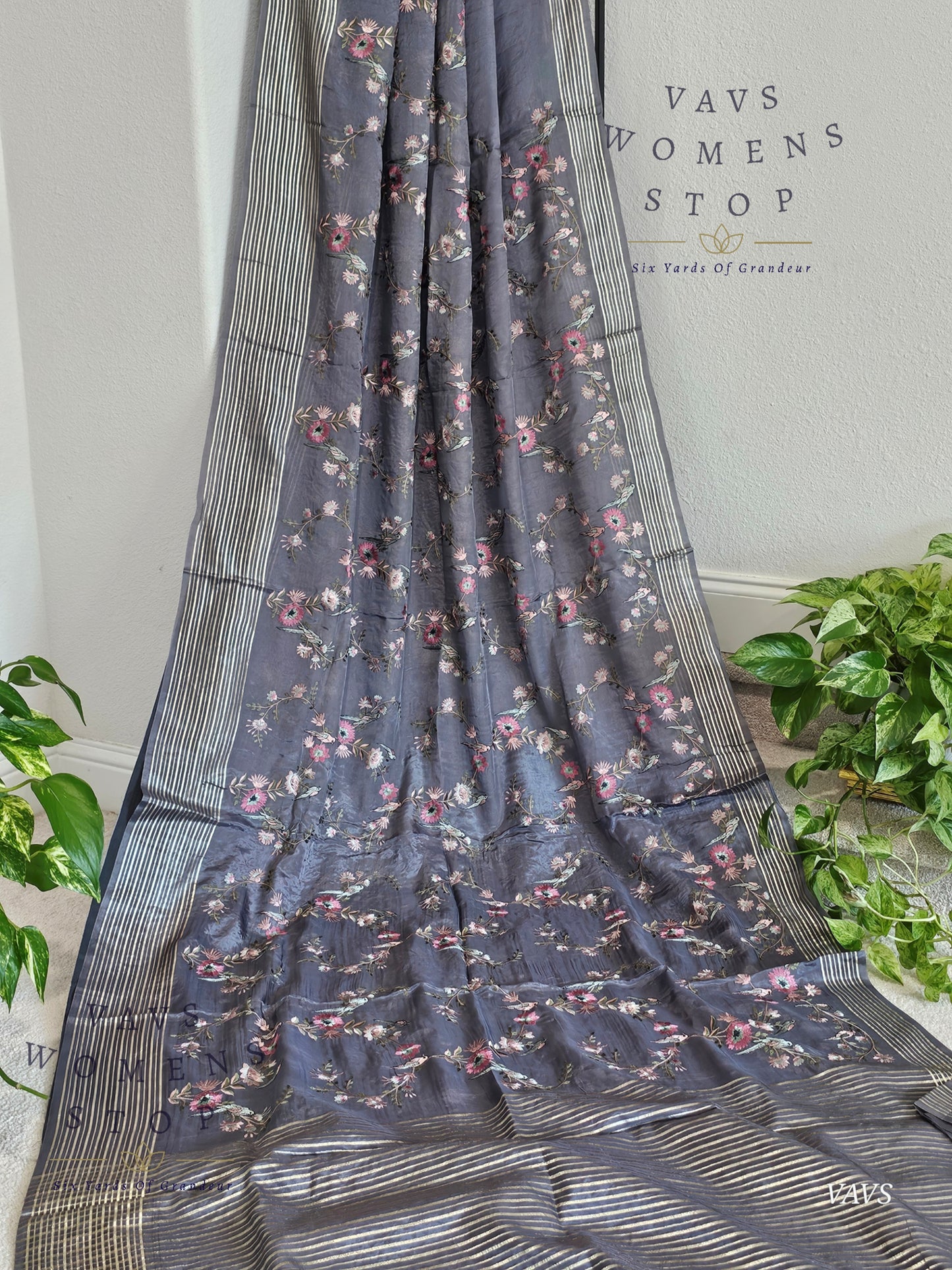 Gray Crepe Organza Party Wear Saree with Heavy Jaal Birds Embroidery