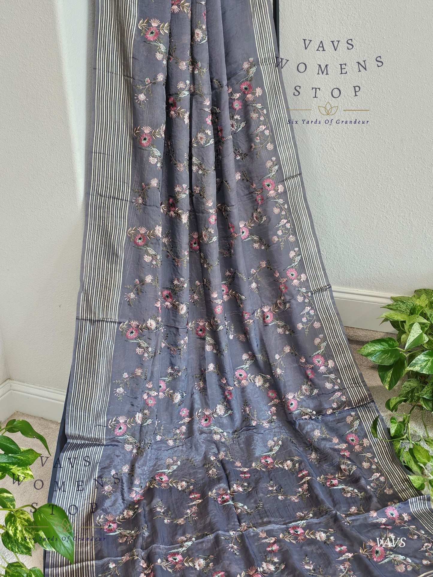 Gray Crepe Organza Party Wear Saree with Heavy Jaal Birds Embroidery