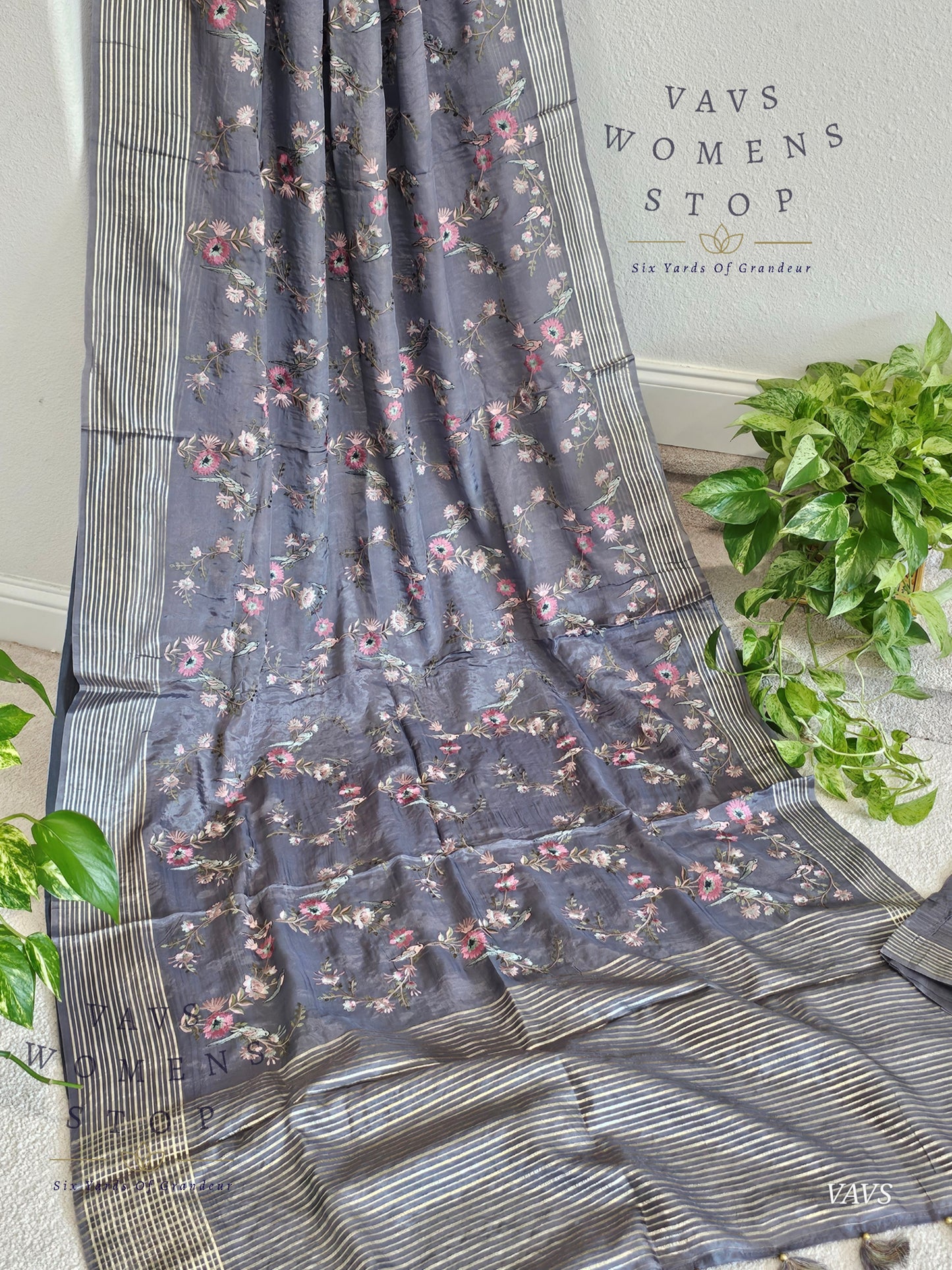 Gray Crepe Organza Party Wear Saree with Heavy Jaal Birds Embroidery