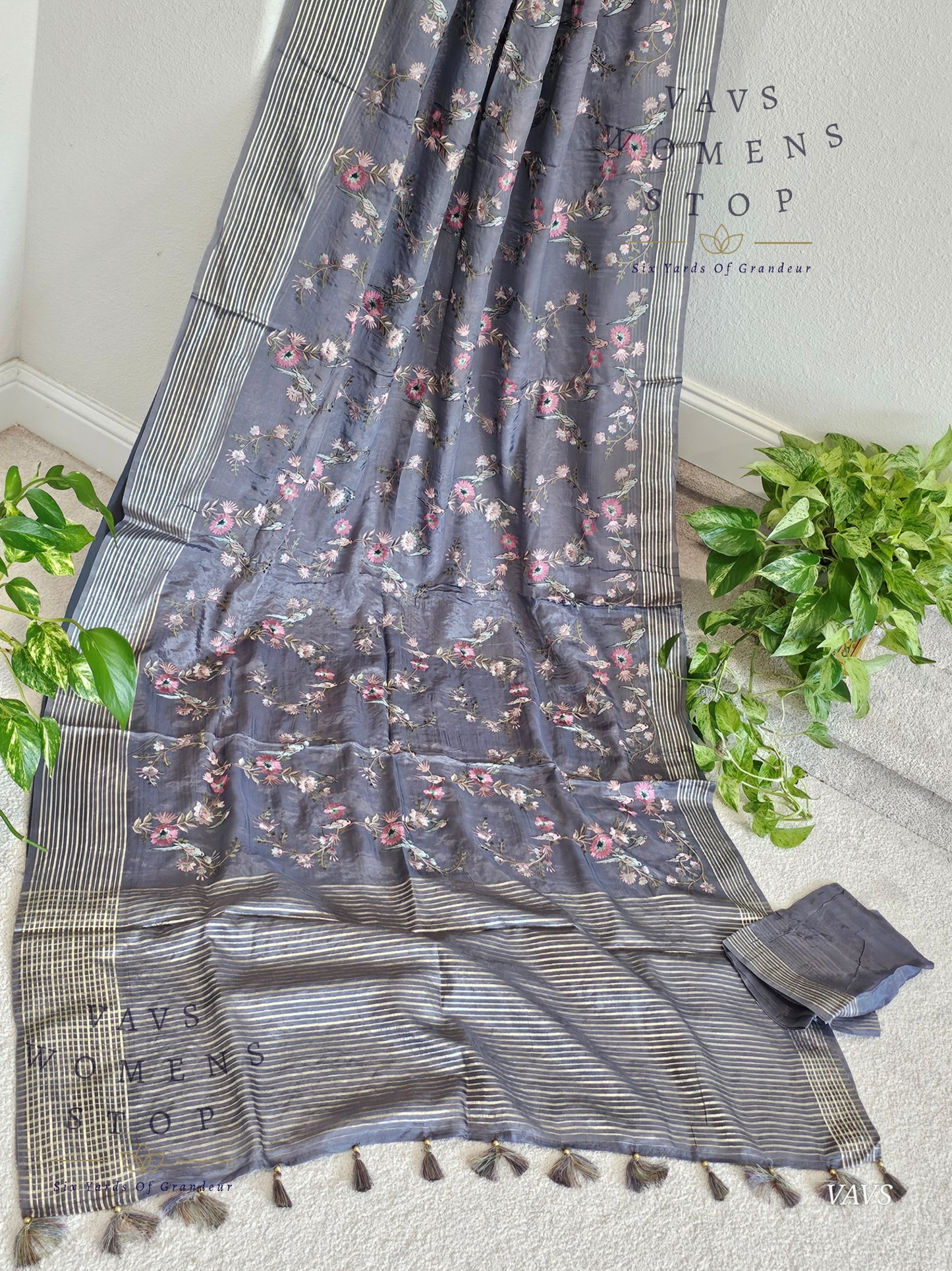 Gray Crepe Organza Party Wear Saree with Heavy Jaal Birds Embroidery