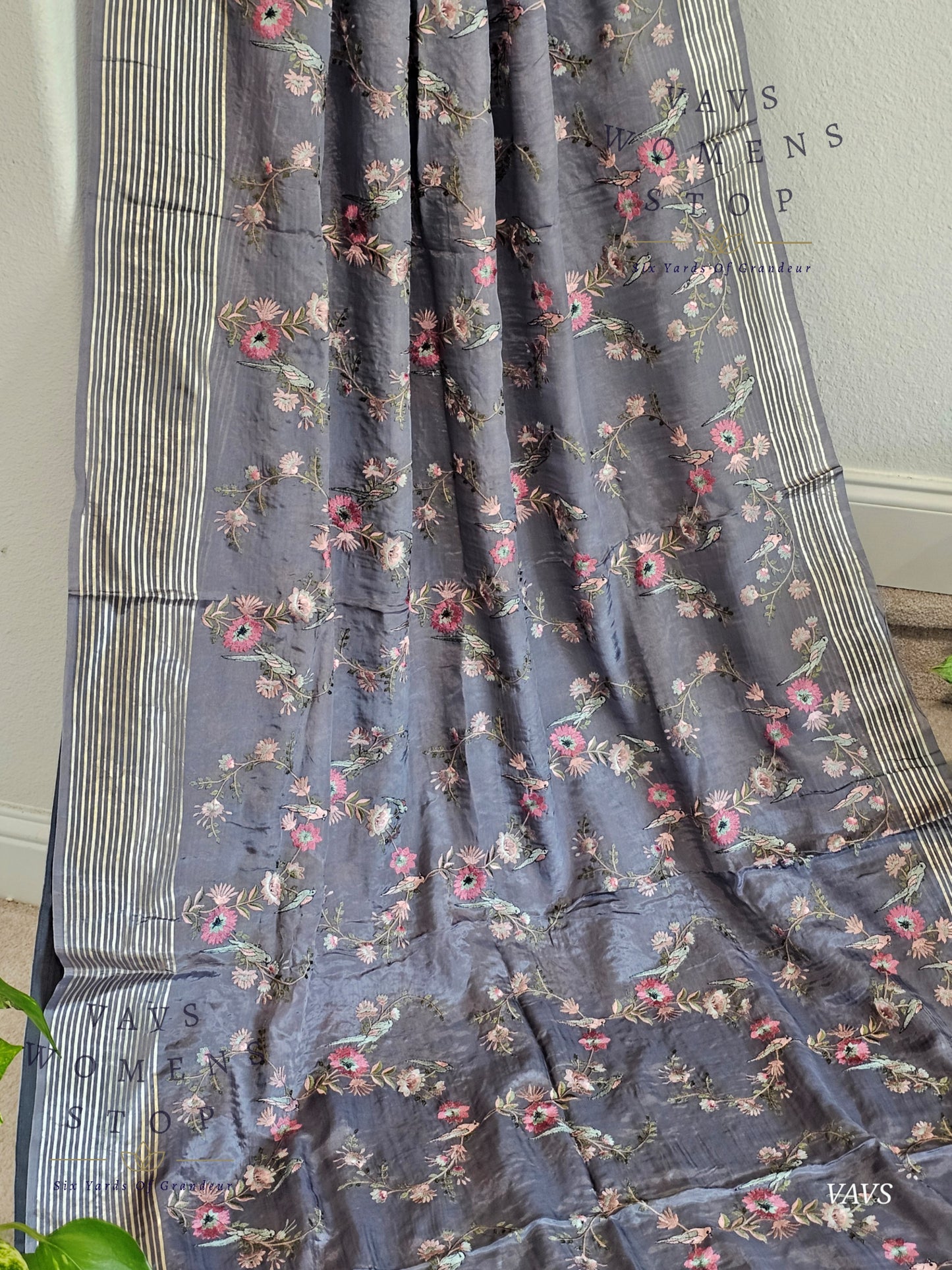 Gray Crepe Organza Party Wear Saree with Heavy Jaal Birds Embroidery