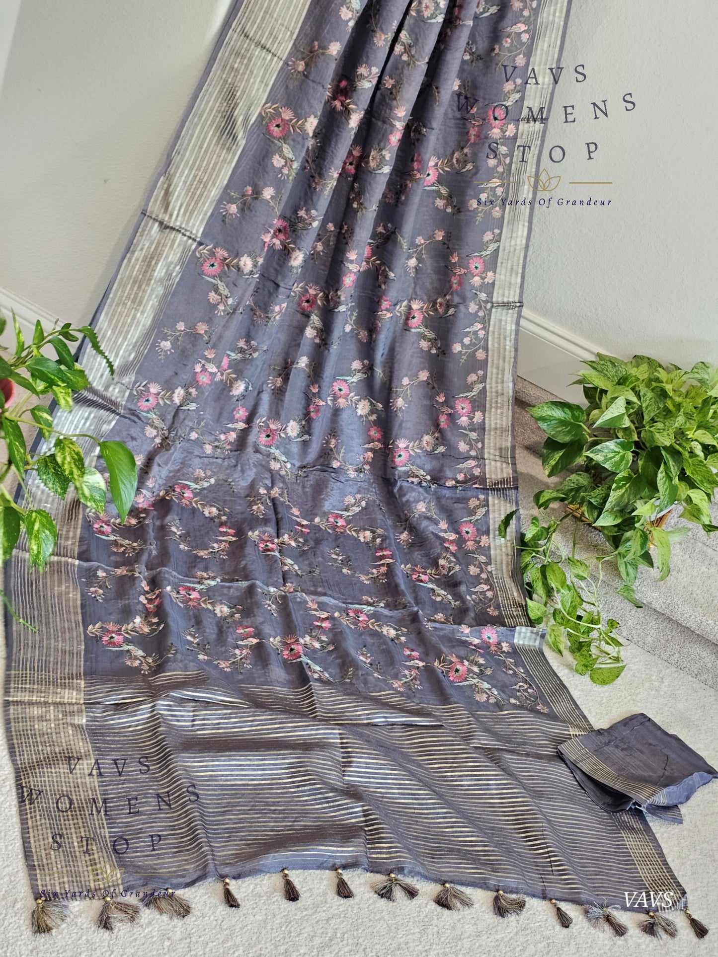 Gray Crepe Organza Party Wear Saree with Heavy Jaal Birds Embroidery