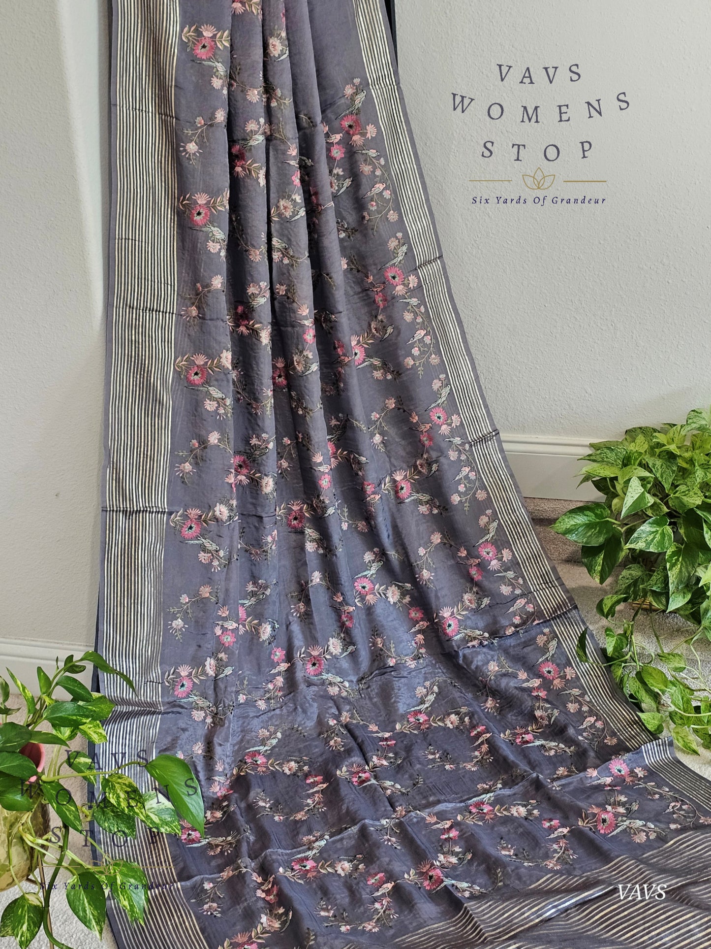 Gray Crepe Organza Party Wear Saree with Heavy Jaal Birds Embroidery