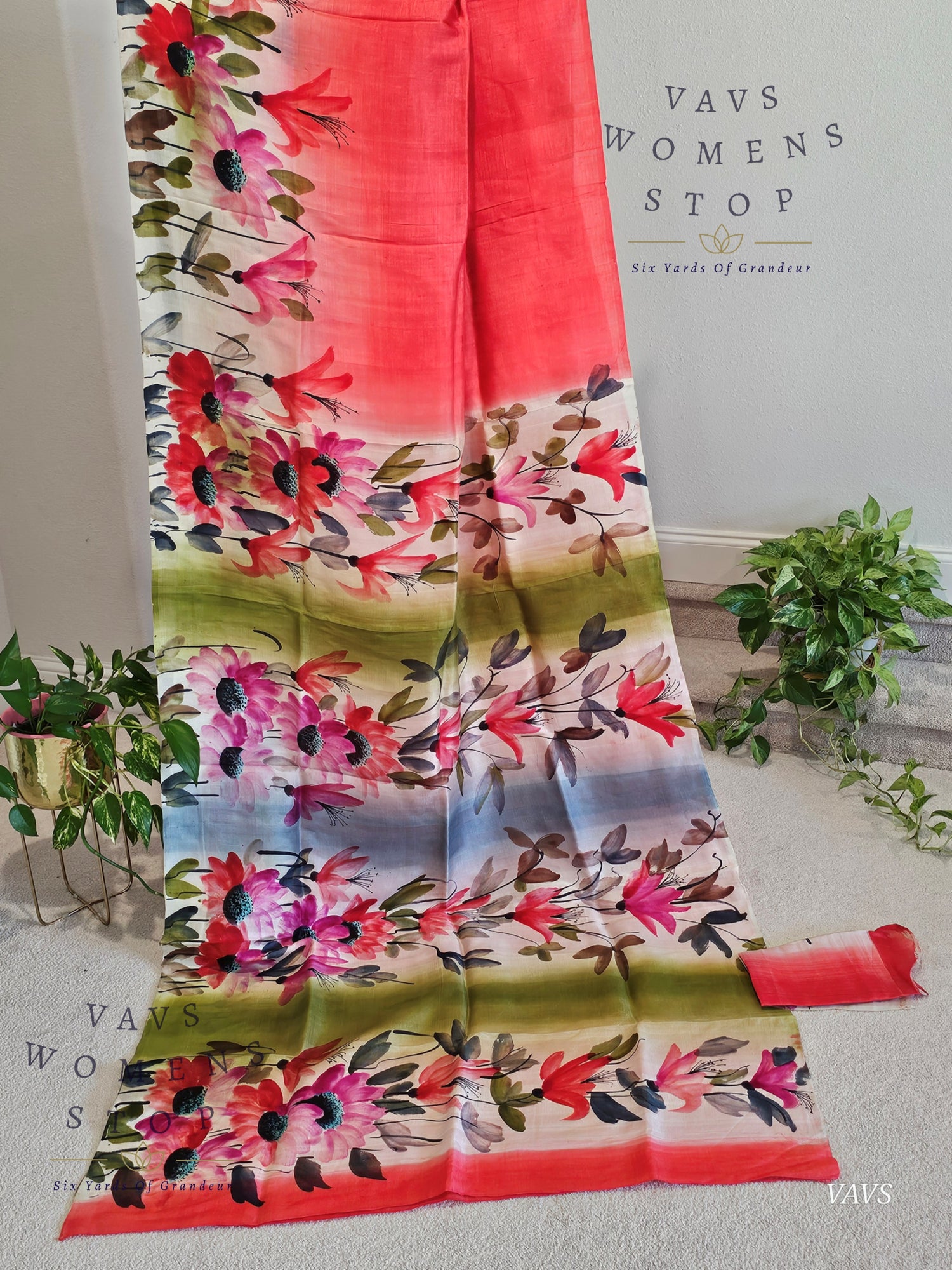 Pure Tussar Silk Shaded Floral Print Saree with Blouse USA |  Women's Stop