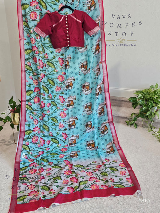 Pichwai Print Mangalagiri Silk Saree with Blouse