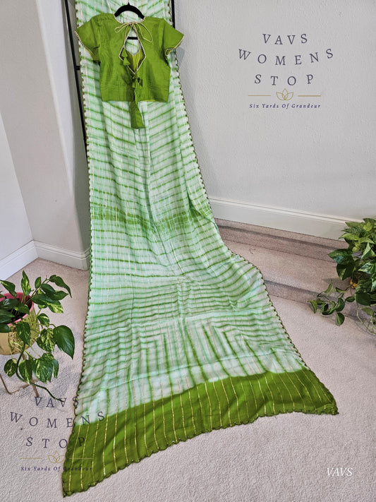 Chinon Crepe Shibori Print Striped Saree with Scalloped Embroidery Border with Stitched Blouse | Designer Saree