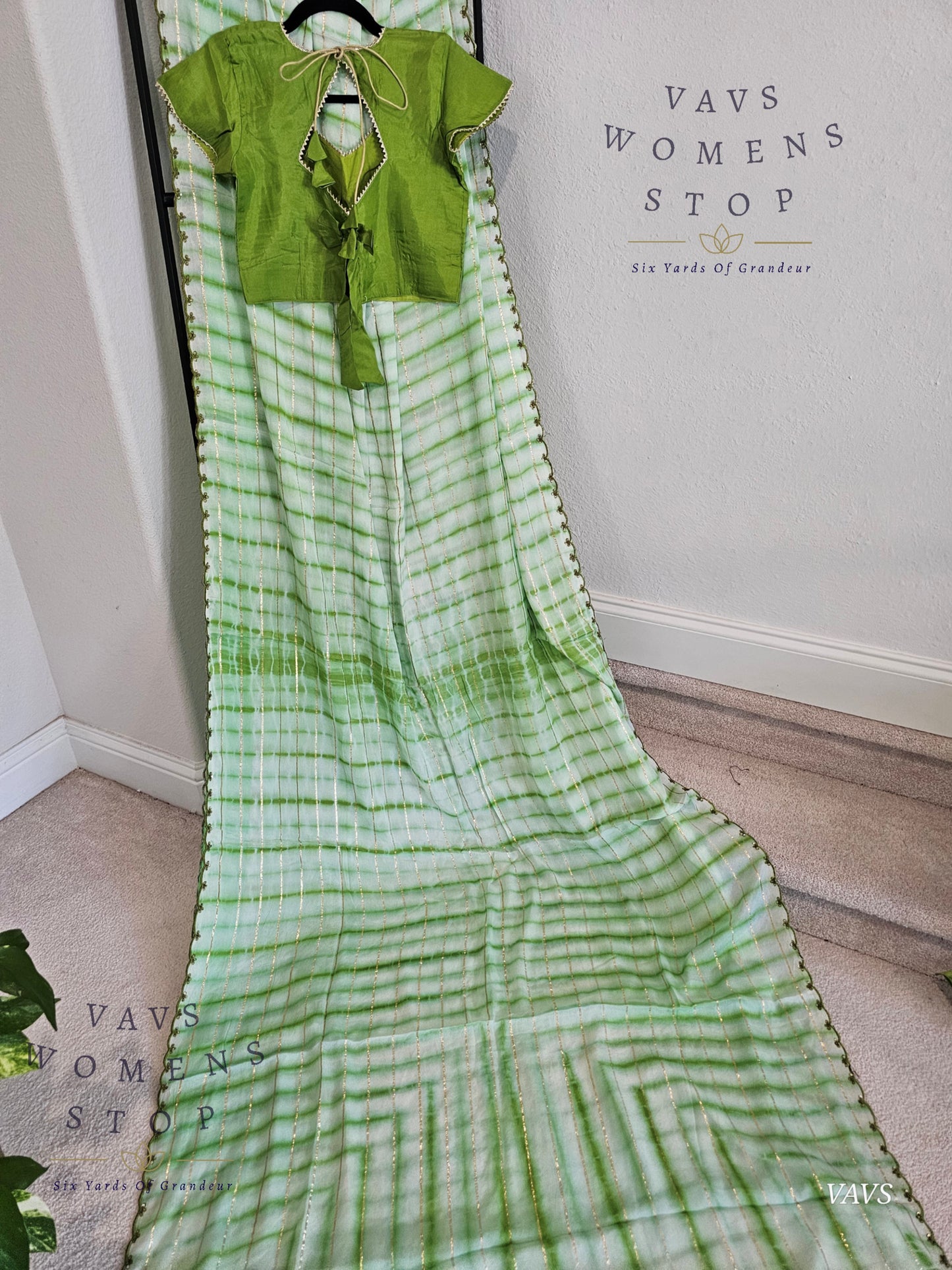 Chinon Crepe Shibori Print Striped Saree with Scalloped Embroidery Border with Stitched Blouse | Designer Saree