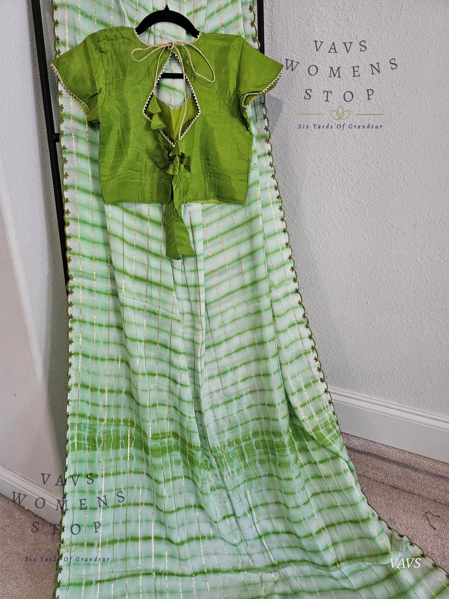 Chinon Crepe Shibori Print Striped Saree with Scalloped Embroidery Border with Stitched Blouse | Designer Saree