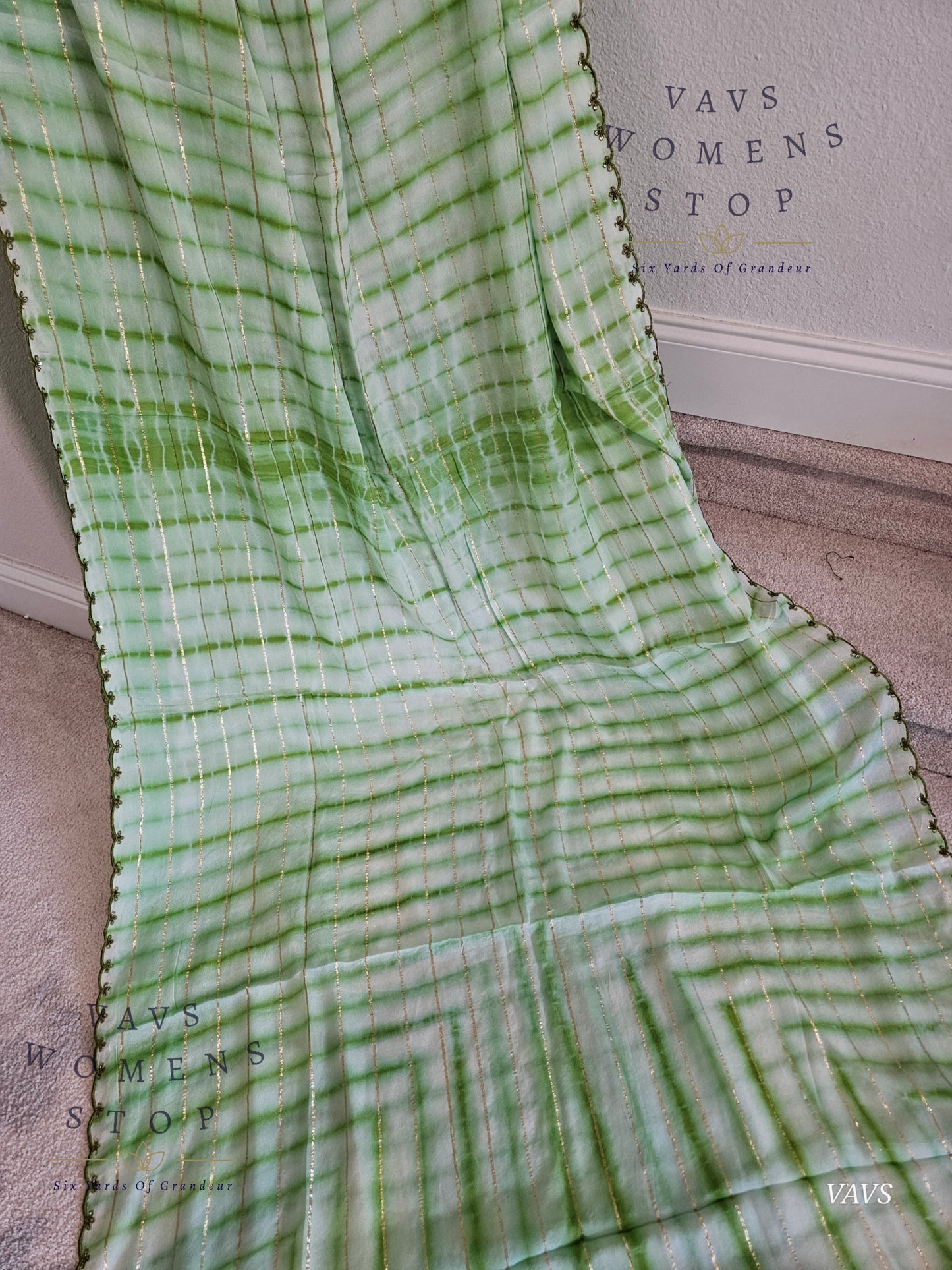 Chinon Crepe Shibori Print Striped Saree with Scalloped Embroidery Border with Stitched Blouse | Designer Saree