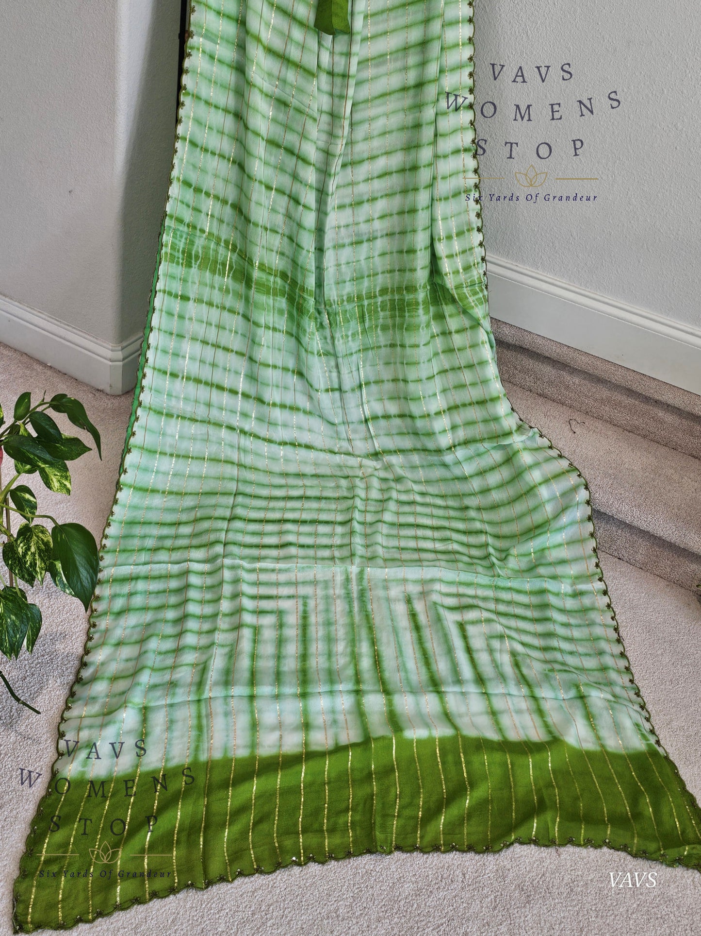 Chinon Crepe Shibori Print Striped Saree with Scalloped Embroidery Border with Stitched Blouse | Designer Saree