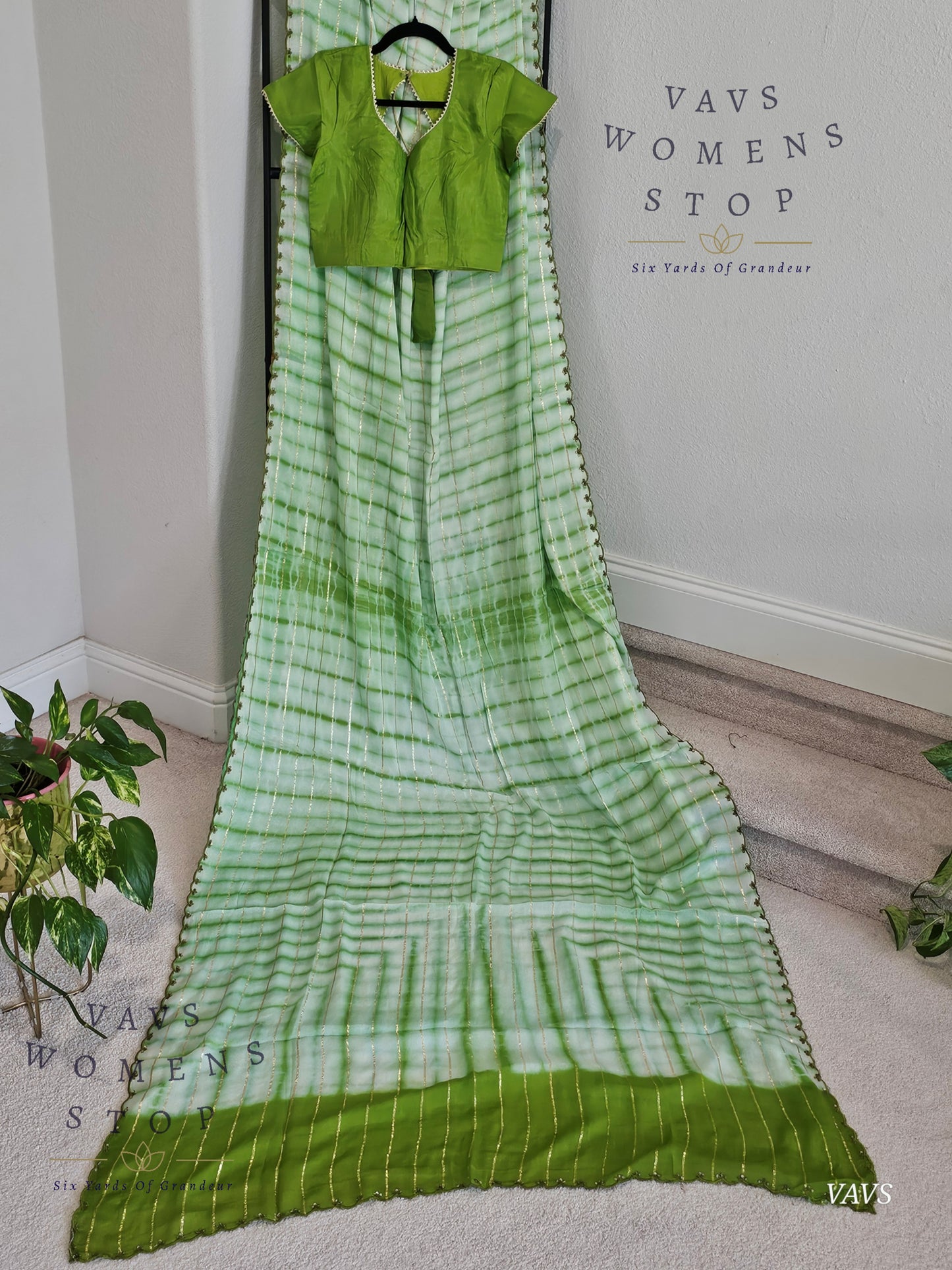 Chinon Crepe Shibori Print Striped Saree with Scalloped Embroidery Border with Stitched Blouse | Designer Saree
