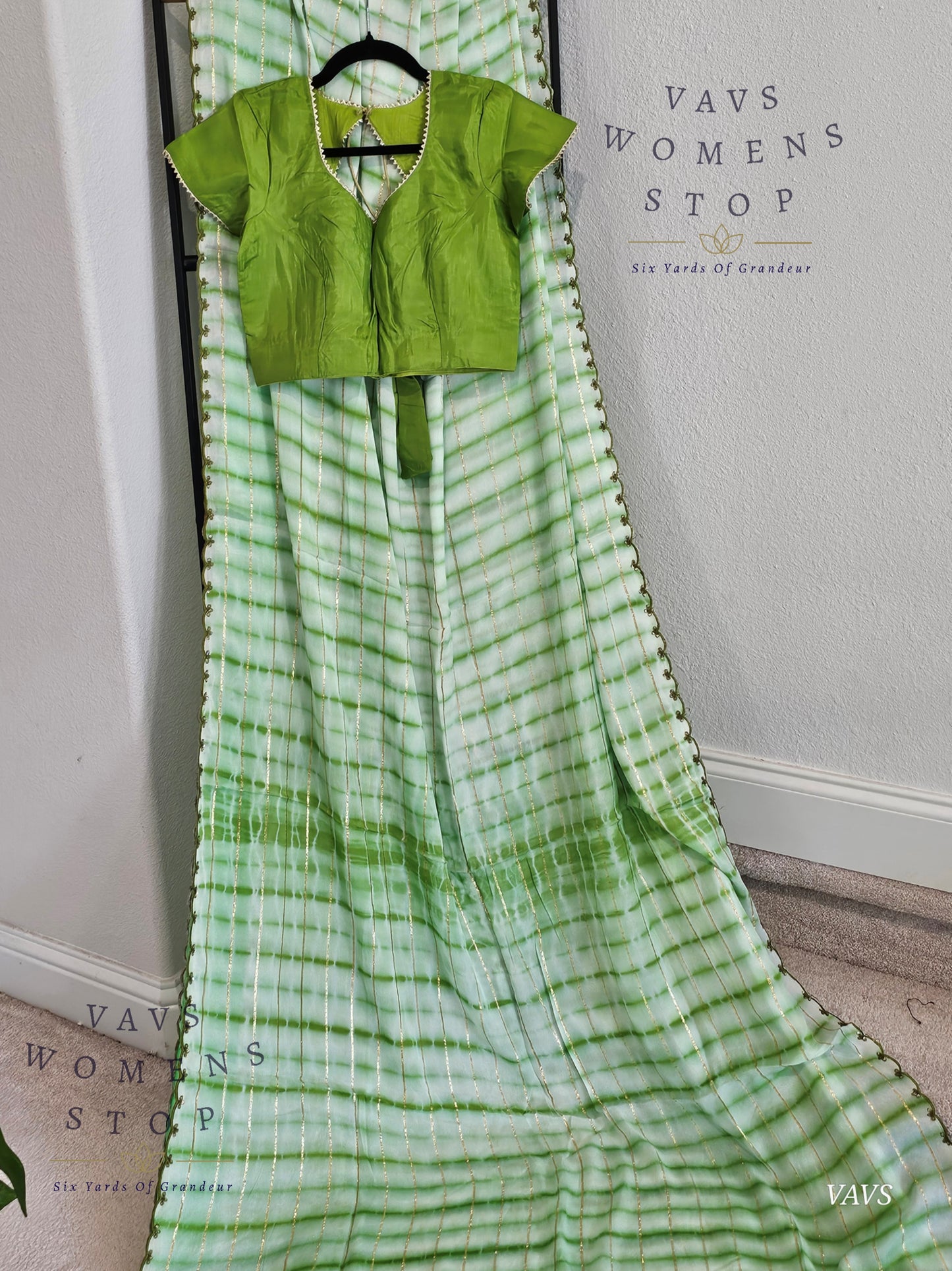 Chinon Crepe Shibori Print Striped Saree with Scalloped Embroidery Border with Stitched Blouse | Designer Saree