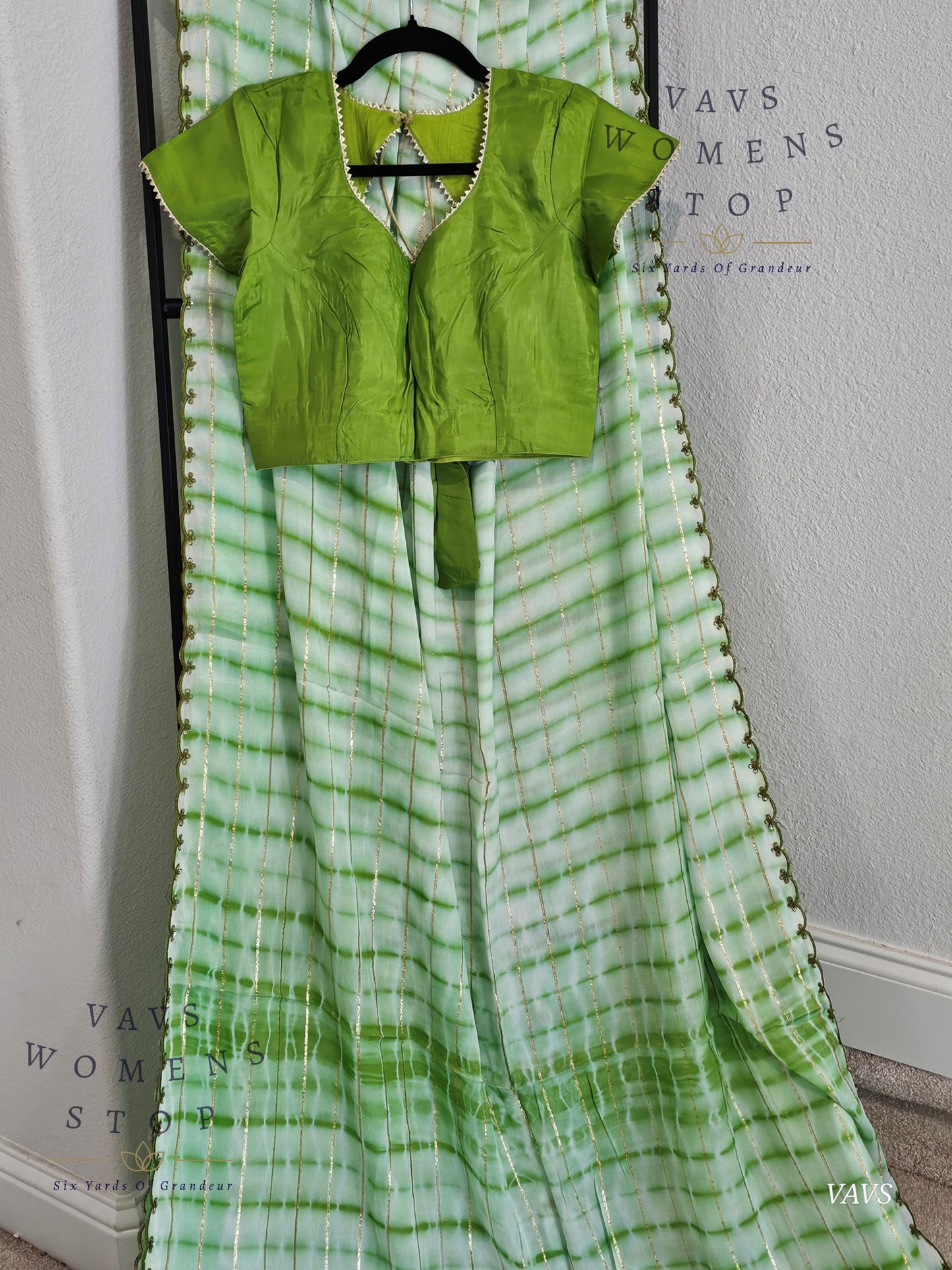 Chinon Crepe Shibori Print Striped Saree with Scalloped Embroidery Border with Stitched Blouse | Designer Saree
