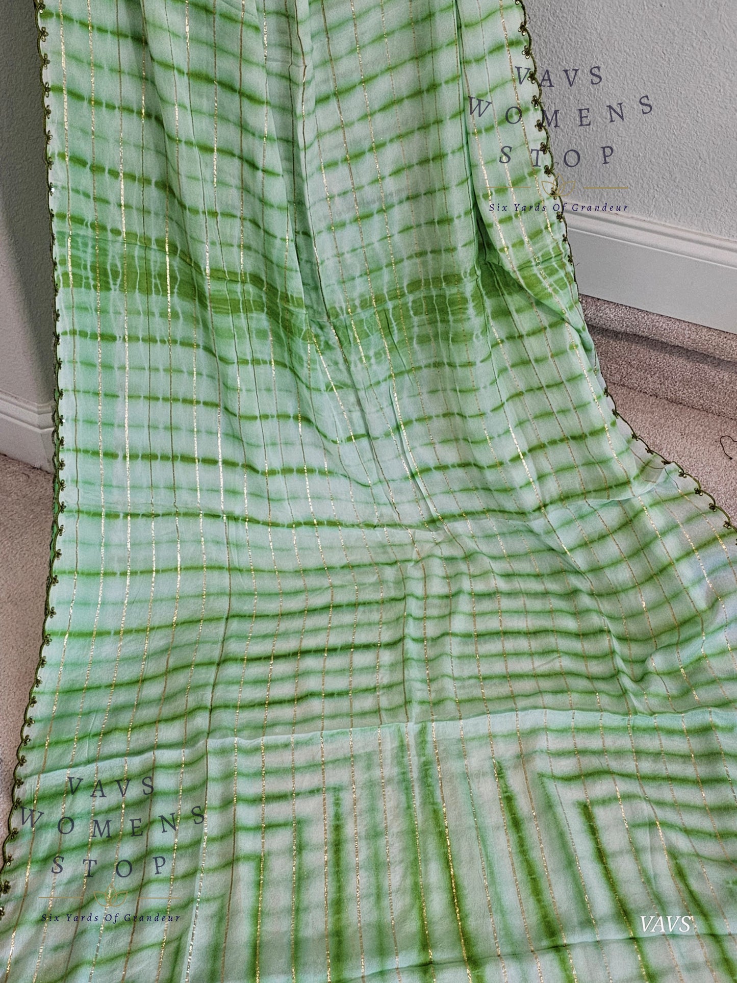 Chinon Crepe Shibori Print Striped Saree with Scalloped Embroidery Border with Stitched Blouse | Designer Saree