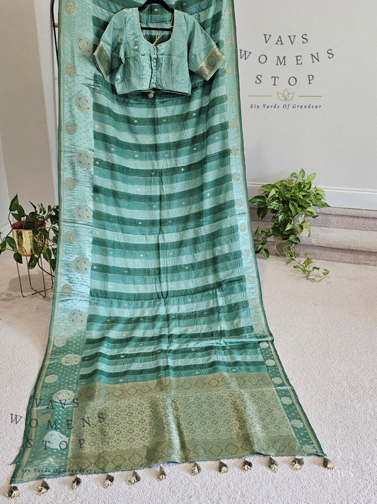 Sea Green Munga Banarasi Silk Saree with Stripes & Satin Border with Stitched Blouse