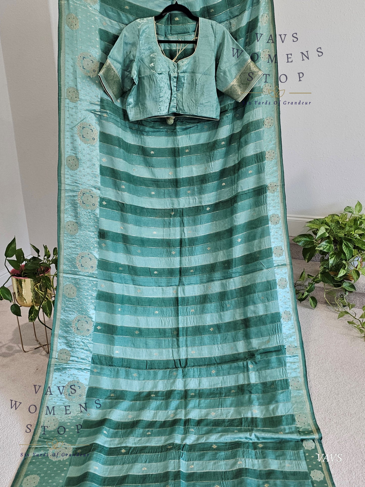 Sea Green Munga Banarasi Silk Saree with Stripes & Satin Border with Stitched Blouse
