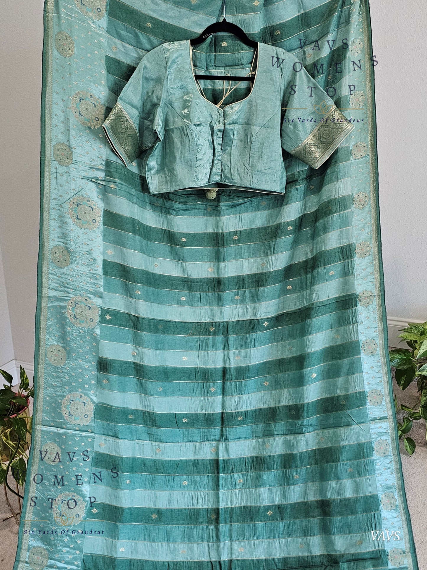 Sea Green Munga Banarasi Silk Saree with Stripes & Satin Border with Stitched Blouse