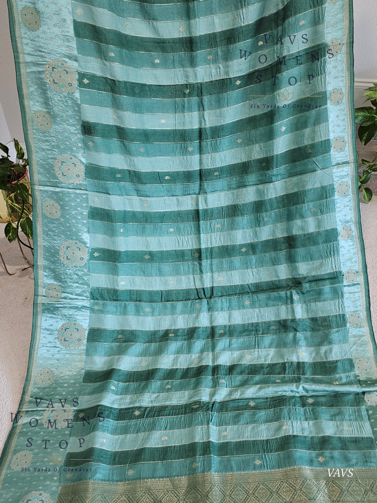 Sea Green Munga Banarasi Silk Saree with Stripes & Satin Border with Stitched Blouse