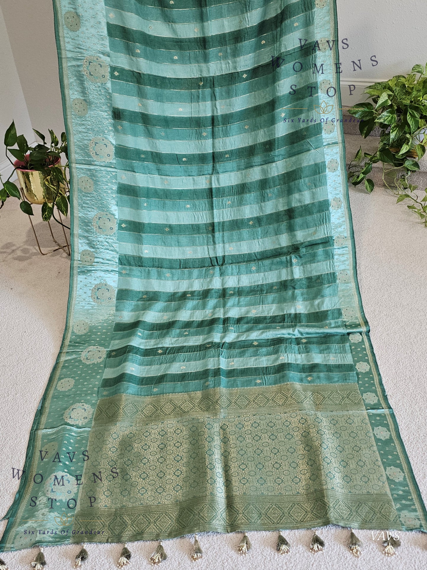 Sea Green Munga Banarasi Silk Saree with Stripes & Satin Border with Stitched Blouse