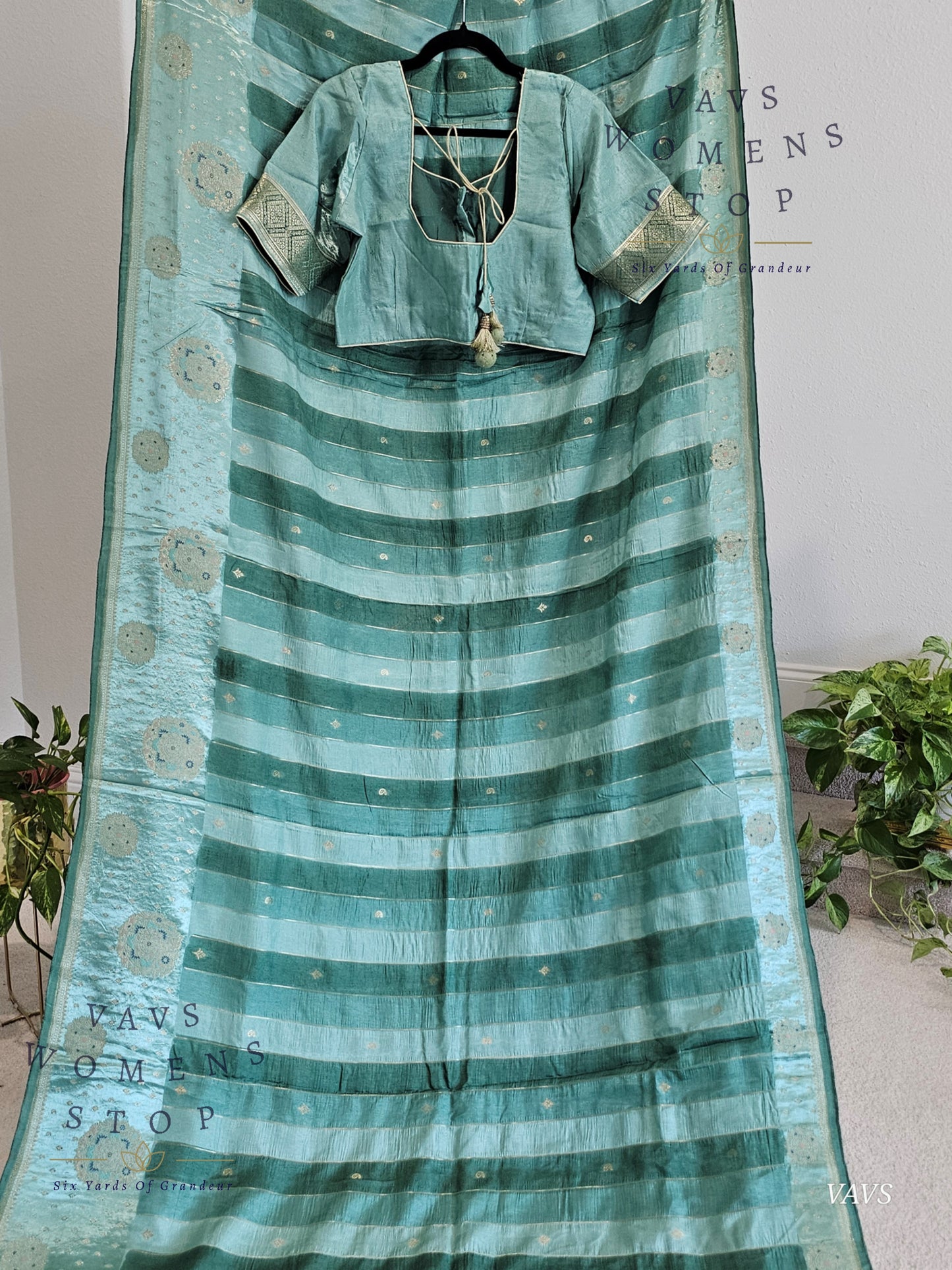 Sea Green Munga Banarasi Silk Saree with Stripes & Satin Border with Stitched Blouse