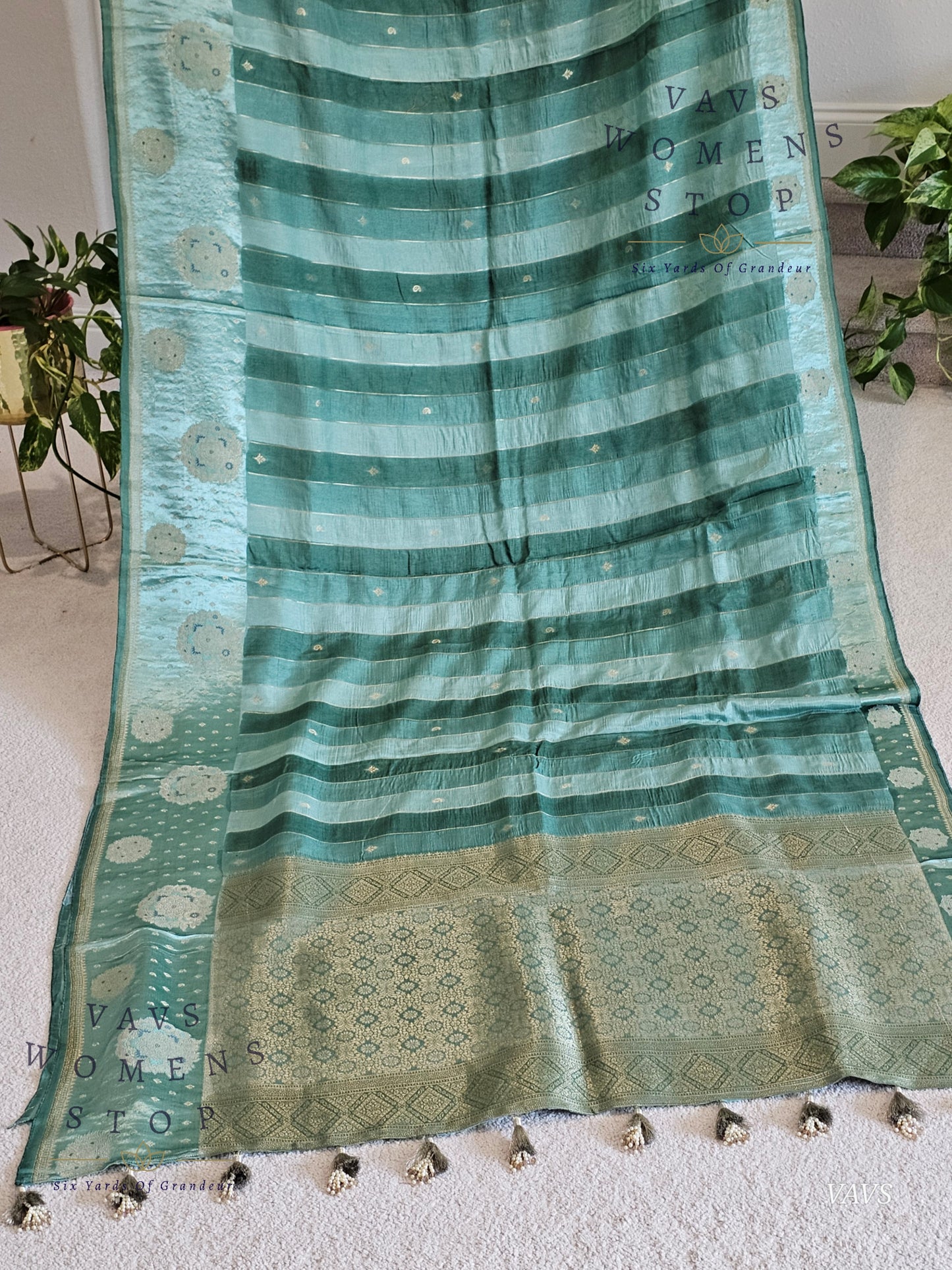 Sea Green Munga Banarasi Silk Saree with Stripes & Satin Border with Stitched Blouse