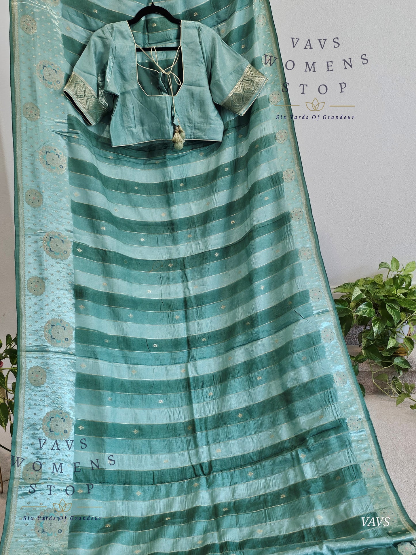 Sea Green Munga Banarasi Silk Saree with Stripes & Satin Border with Stitched Blouse