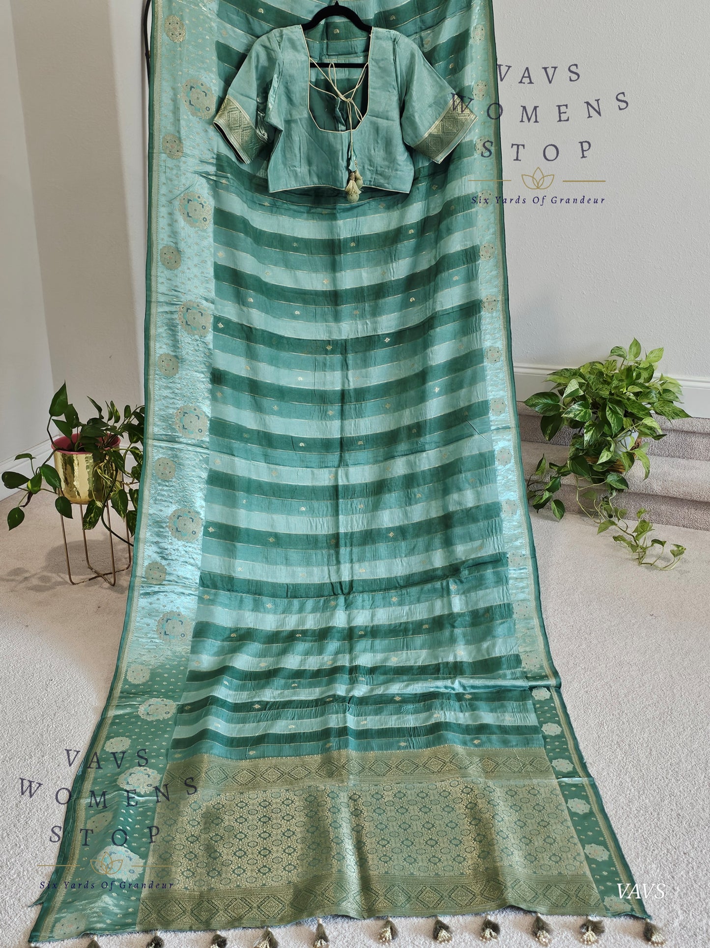 Sea Green Munga Banarasi Silk Saree with Stripes & Satin Border with Stitched Blouse